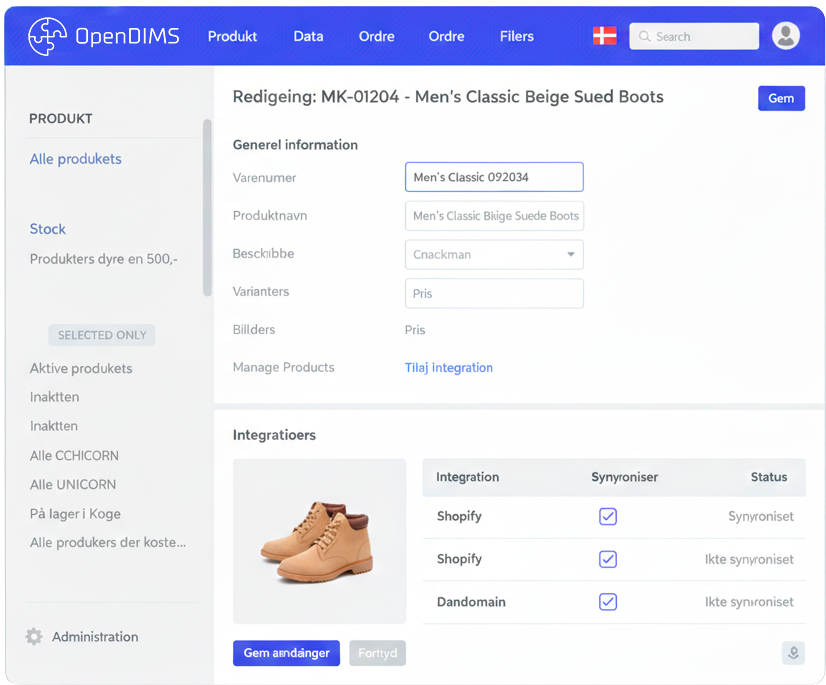 Mockup af OpenDIMS-interfacet: redigering af et produkt med varianter og integrationsstatus